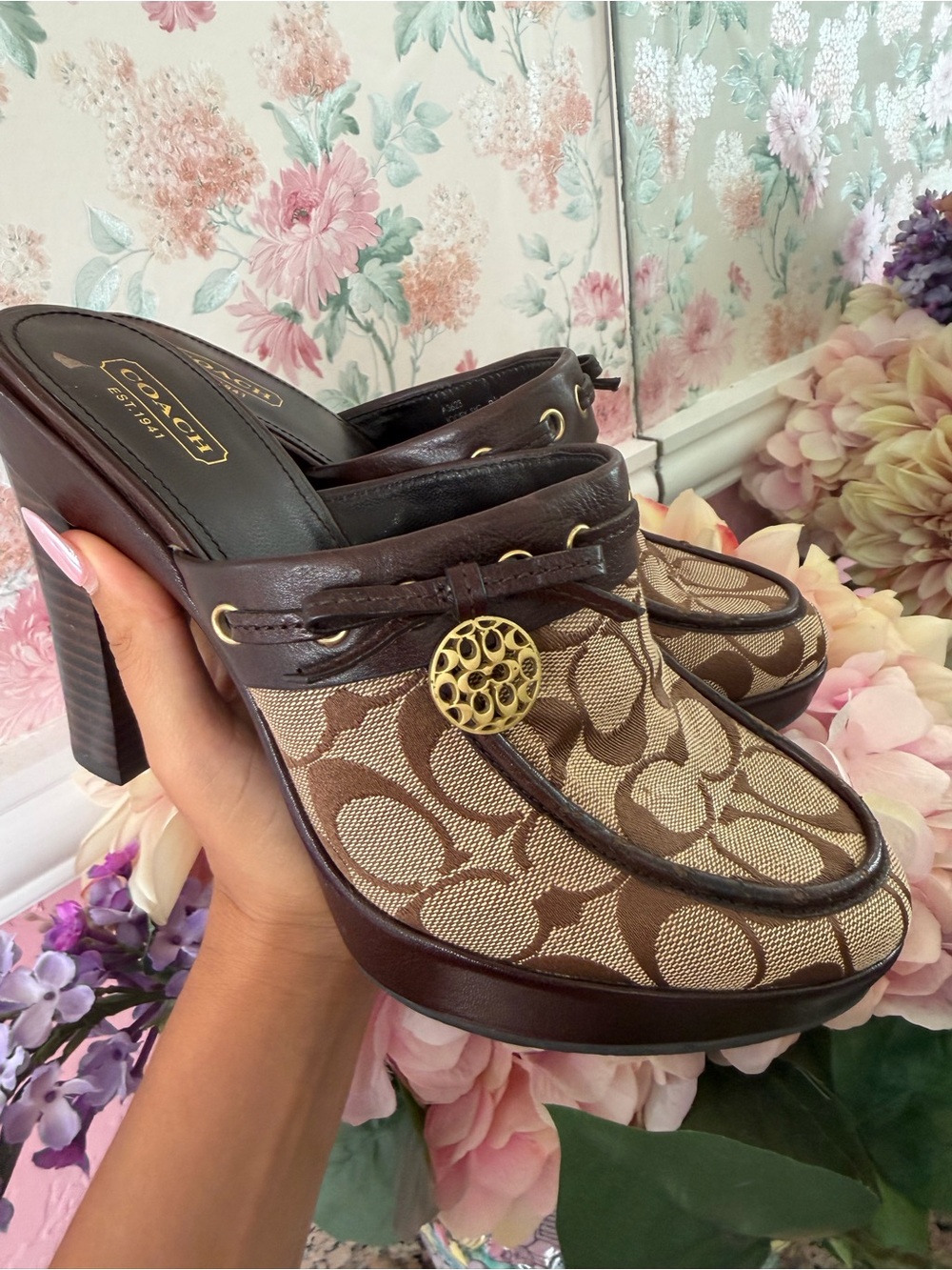 Coach Brown Signature Canvas Heeled Clogs with Gold Medallion